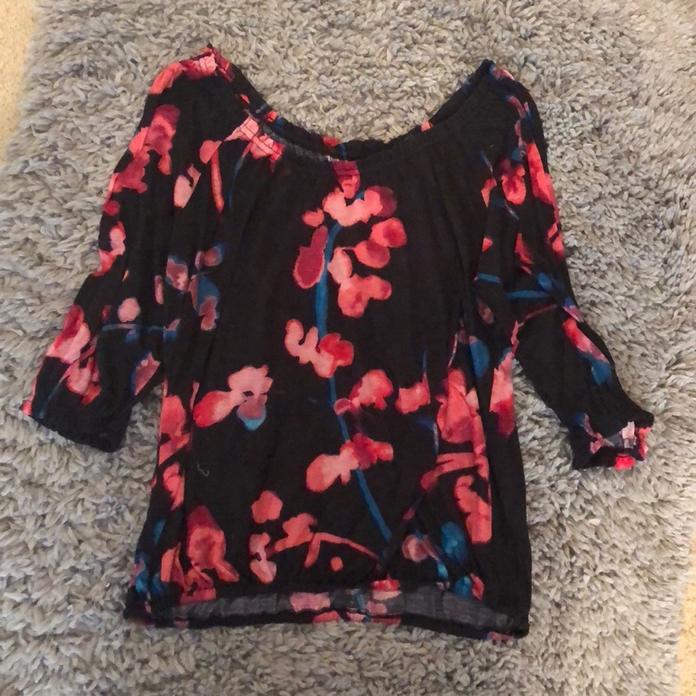 Black, pink, blue abstract floral top